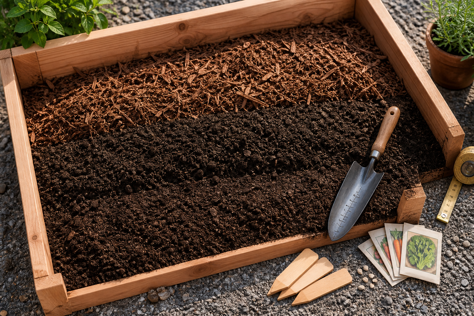 Raised garden bed filled with layered soil and mulch, with a hand trowel and seed packets nearby